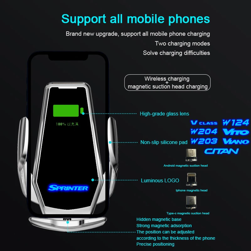 Smart Induction Wireless Charging Car Phone Holder LOGO Light For BENZ SPRINTER VIANO VITO W124 W203 W204 Accessories Custom
Smart Induction Wireless Charging Car Phone Holder LOGO Light For BENZ SPRINTER VIANO VITO W124 W203 W204 Accessories Custom