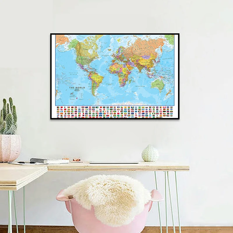 

The World Political Map with National Flags 60*40cm Canvas Painting Wall Art Poster School Supplies Living Room Decor Geography