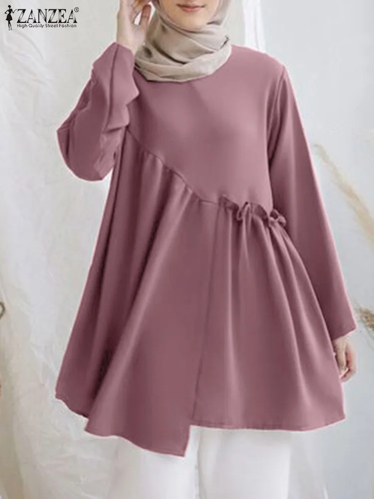 

Elegant Solid Tops Islamic Clothing ZANZEA Fashion Muslim Blouse Women Long Sleeve Flounce Hem Shirt Ramadan Blusas Chmeise 2023