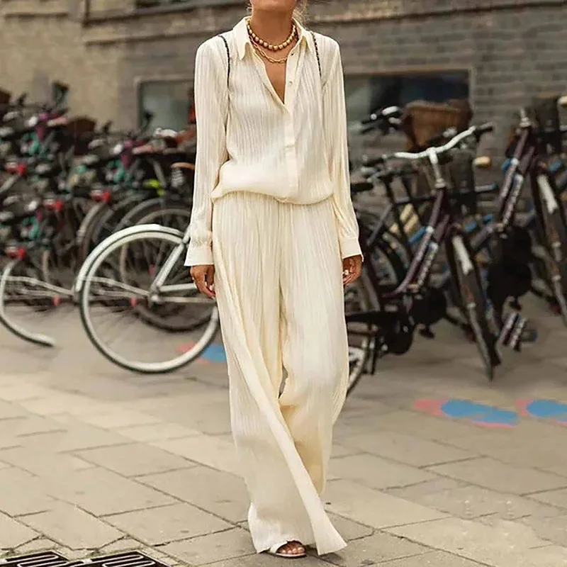 Two Piece Sets Fashion Solid Lapel Button Long Sleeve Shirt Top & Higt Waist Draped Pleated Wide Leg Pants Suits Causal Loose
Two Piece Sets Fashion Solid Lapel Button Long Sleeve Shirt Top & Higt Waist Draped Pleated Wide Leg Pants Suits Causal Loose