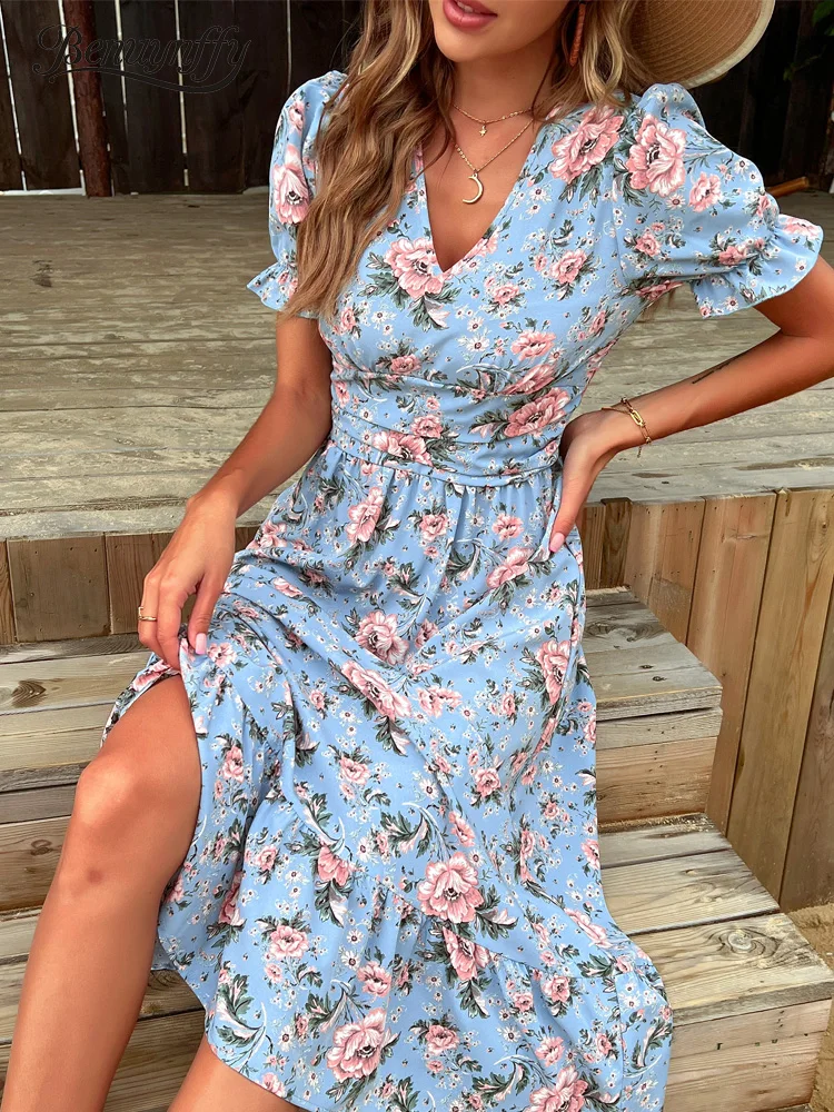Benuynffy Floral Print V-neck Puff Sleeve Dress Women Holiday Boho Summer High Waist Female Casual Ruffle Hem A-Line Dresses
Benuynffy Floral Print V-neck Puff Sleeve Dress Women Holiday Boho Summer High Waist Female Casual Ruffle Hem A-Line Dresses