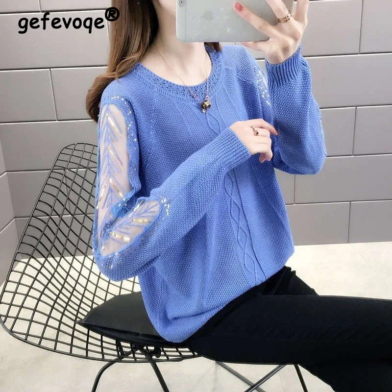 Women Sexy Sequins Mesh Patchwork Solid Pullover Knitted Sweater Autumn Winter Casual Loose Long Sleeve Top Female Clothing 2022
Women Sexy Sequins Mesh Patchwork Solid Pullover Knitted Sweater Autumn Winter Casual Loose Long Sleeve Top Female Clothing 2022