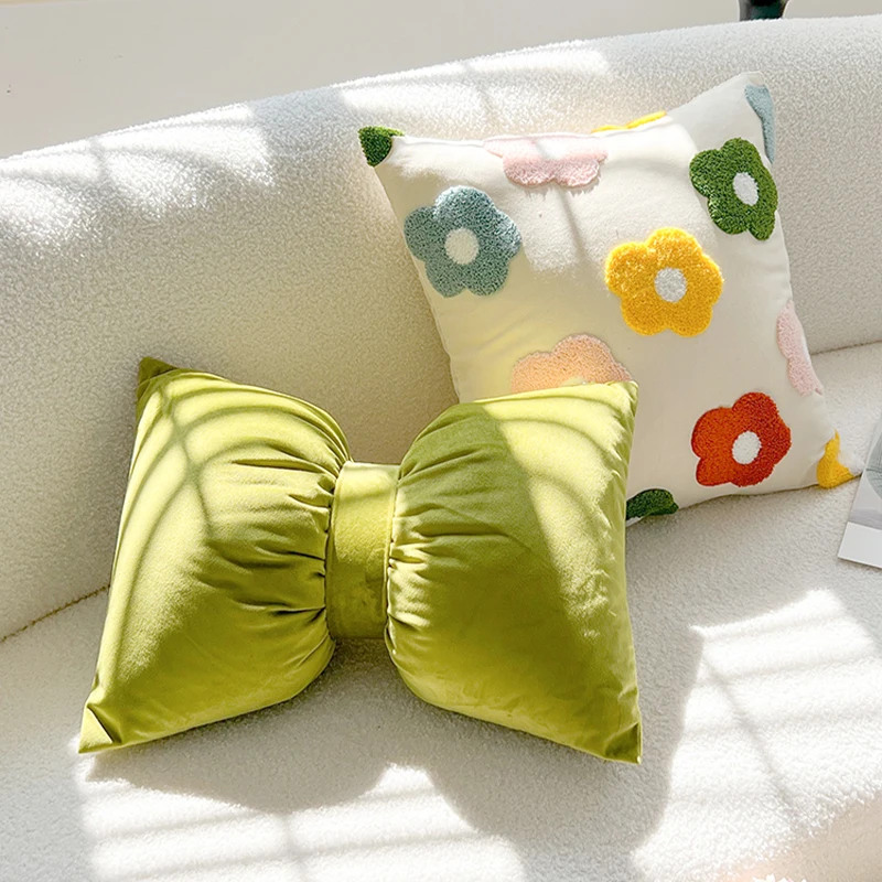 

Garden Style Small Flower Pillow Living Room Sofa Decorative Cushions Ins Simple Bow Nap Pillow Office Cushions Home Furnishings