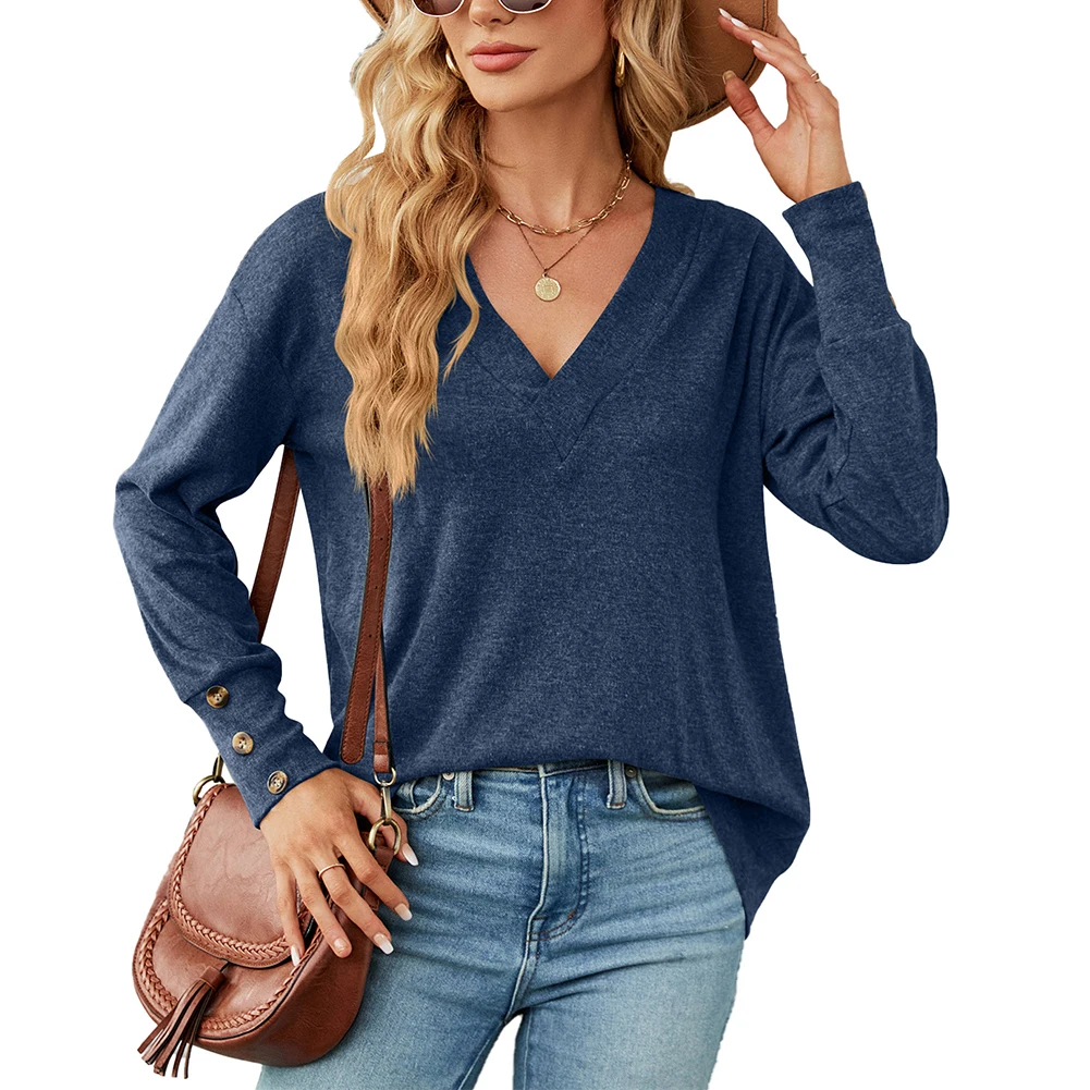 Casual Basic Solid Color T-shirt Top Women Autumn V Neck Button Long Sleeve Loose Pullover T Shirt Tees Female Woman Clothing
Casual Basic Solid Color T-shirt Top Women Autumn V Neck Button Long Sleeve Loose Pullover T Shirt Tees Female Woman Clothing