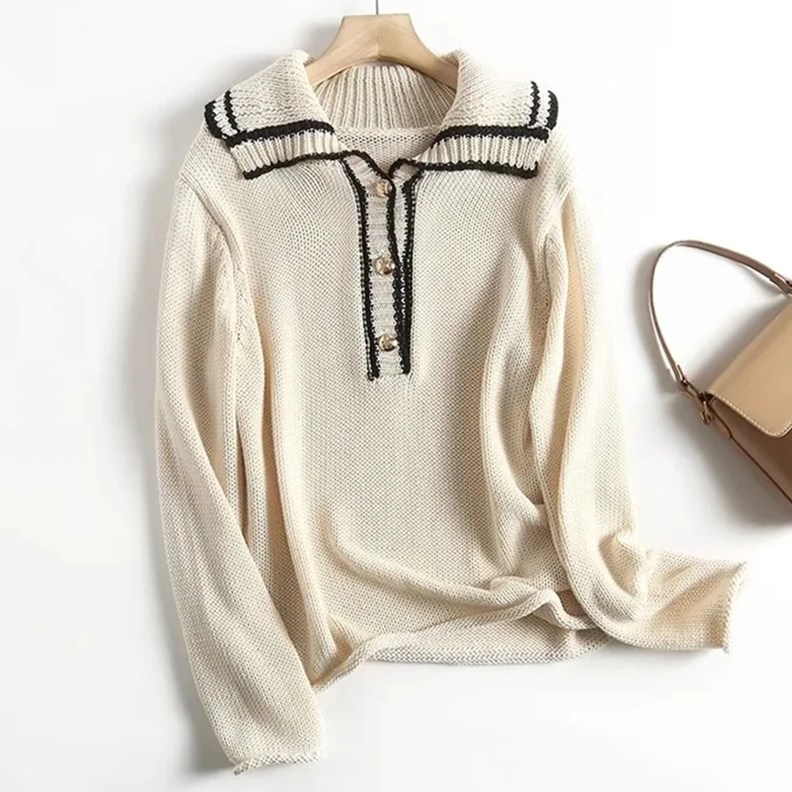 Maxdutti Fashion Simple Gold Buttons Turn Down Collar Tops Beige Knitwear Casual Sweaters Women
Maxdutti Fashion Simple Gold Buttons Turn Down Collar Tops Beige Knitwear Casual Sweaters Women
