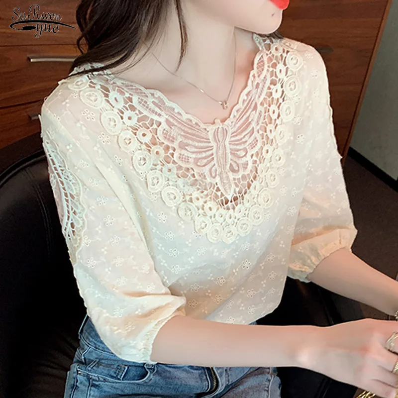 Casual Short Sleeve Loose White Tops Summer V-Neck Flowers Lace Blouse Chiffon Fashion Embroidered Cotton Shirts Blusas 21216
Casual Short Sleeve Loose White Tops Summer V-Neck Flowers Lace Blouse Chiffon Fashion Embroidered Cotton Shirts Blusas 21216