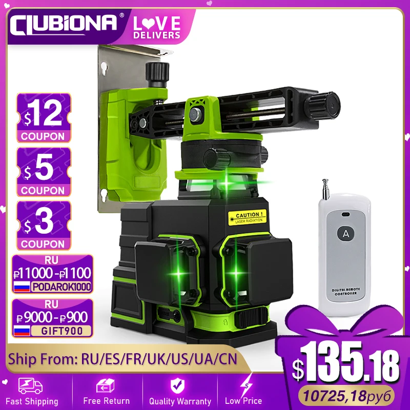 CLUBIONA ME12T 3D 12 Line Green Laser Level Horizontal Vertical Cross-Line Self-leveling Remote Control 5200mAh Li-ion Battery
CLUBIONA ME12T 3D 12 Line Green Laser Level Horizontal Vertical Cross-Line Self-leveling Remote Control 5200mAh Li-ion Battery