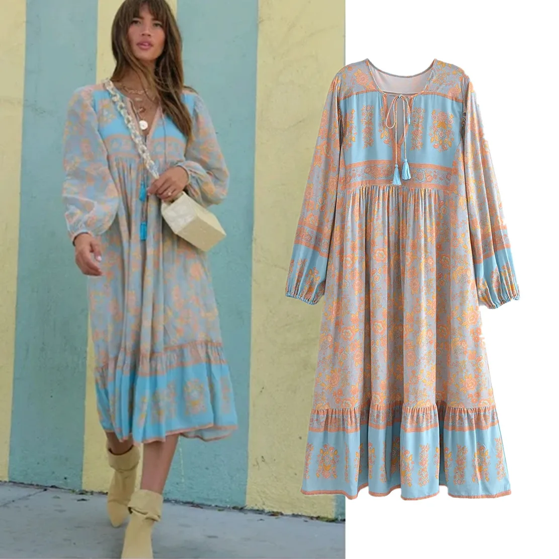 Maxdutti Indie Folk Vintage Long Sleeve Dress Tassles V-neck Floral Print Loose Midi Dress Women
Maxdutti Indie Folk Vintage Long Sleeve Dress Tassles V-neck Floral Print Loose Midi Dress Women