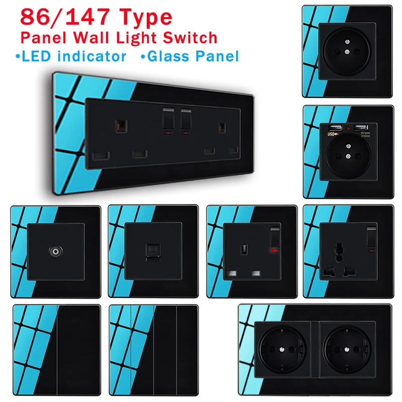 

Черная панель 13 а/16 А, европейские, французские, русские электрические розетки и настенные выключатели с светодиодный 1, 2, 3, 4, 1, 2-полосный USB-порт для зарядки
