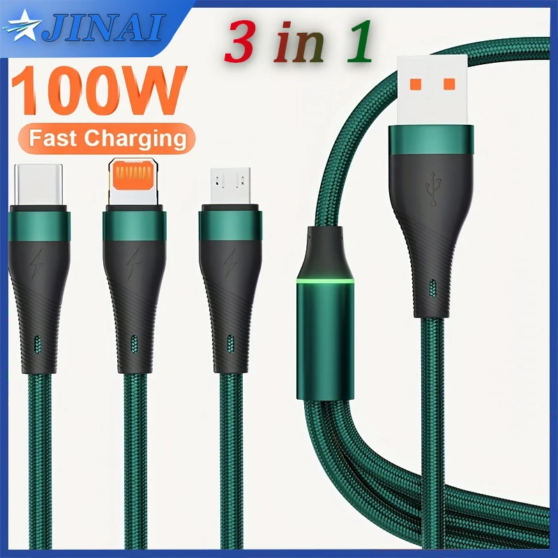 

100W 3 In1 Fast Charging Cables Cord USB Nylon Braided Sync for IPhone 15 Android/Phone/Tablets, Bold Copper Charging Line Cable