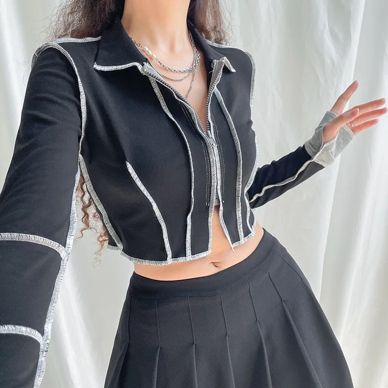 2022 Black Moto & Biker Zip Up Cardigan Tops Women Contrast Stitched Grunge Clothes Turn Down Collar Slim Full Sleeve Tees
2022 Black Moto & Biker Zip Up Cardigan Tops Women Contrast Stitched Grunge Clothes Turn Down Collar Slim Full Sleeve Tees