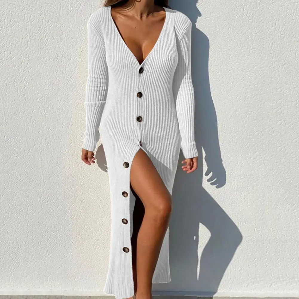 Sexy Deep V Neck Ribbed Knitted Sweater Dress Women Spring Button Solid Long Party Dress New Autumn Long Sleeve Split Maxi Dress
Sexy Deep V Neck Ribbed Knitted Sweater Dress Women Spring Button Solid Long Party Dress New Autumn Long Sleeve Split Maxi Dress