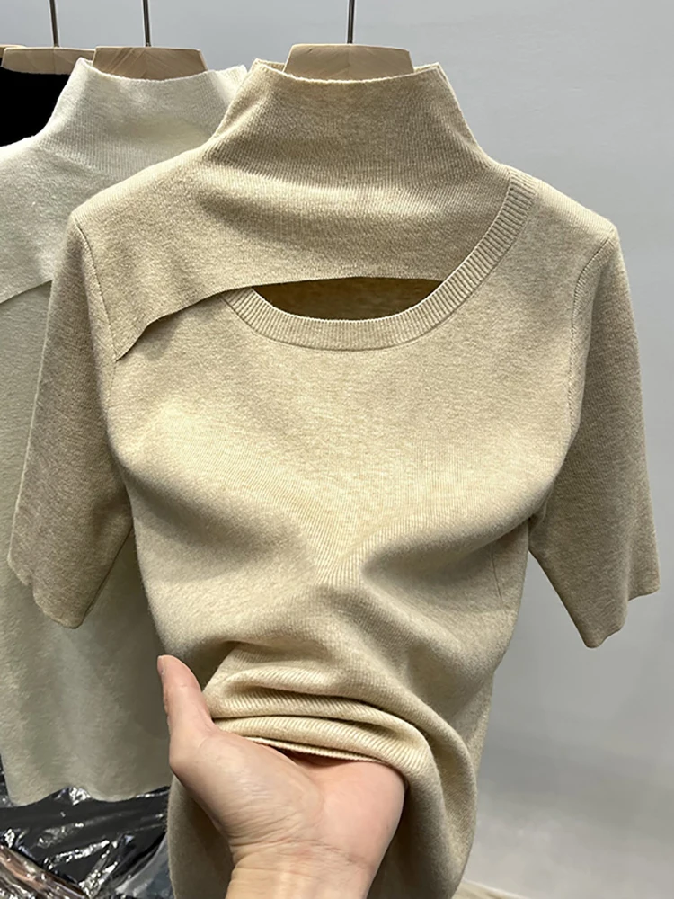 Women's Knitting T Shirt Hollow Out Solid Casual Tee Shirt Femme Half Sleeve Turtleneck Slim Thin Summer New Fashion Tops Female
Women's Knitting T Shirt Hollow Out Solid Casual Tee Shirt Femme Half Sleeve Turtleneck Slim Thin Summer New Fashion Tops Female