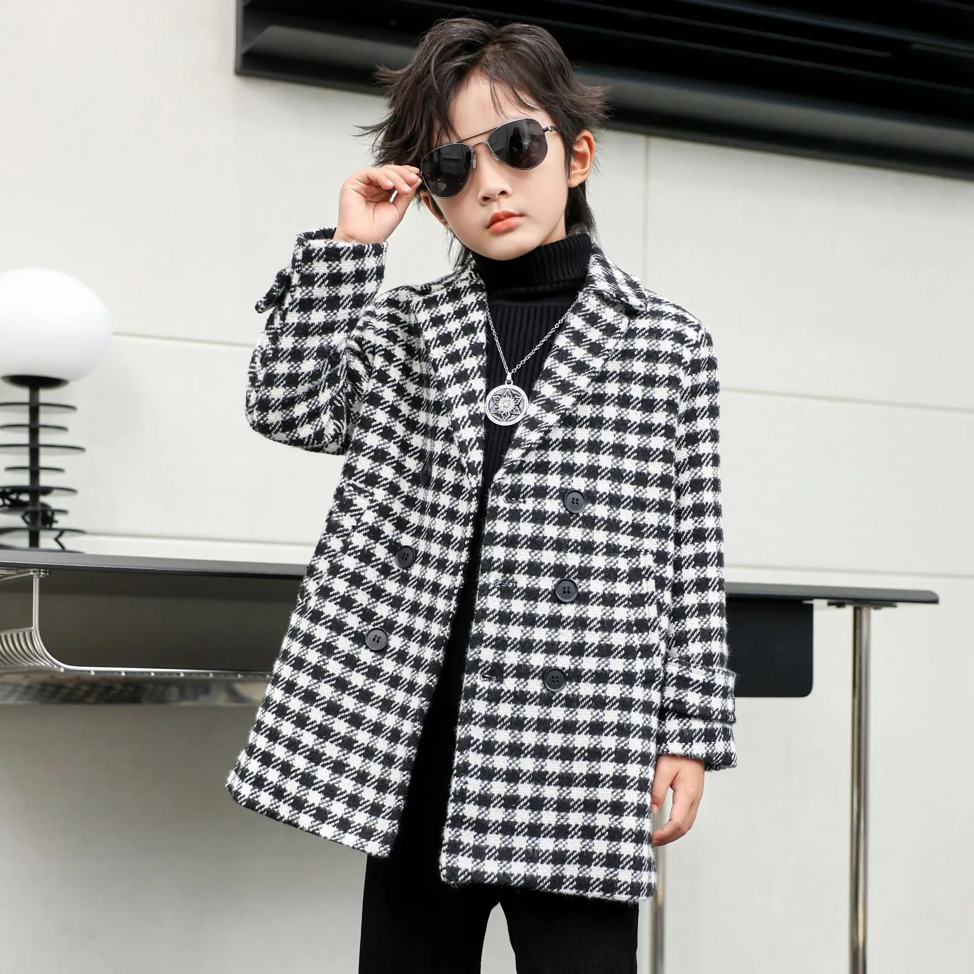 

Children Winter Houndstooth Wool Coat Boys Windproof Outdoor Long Jacket Kids Fromal Birthday Party Photography Woolen Snow Coat