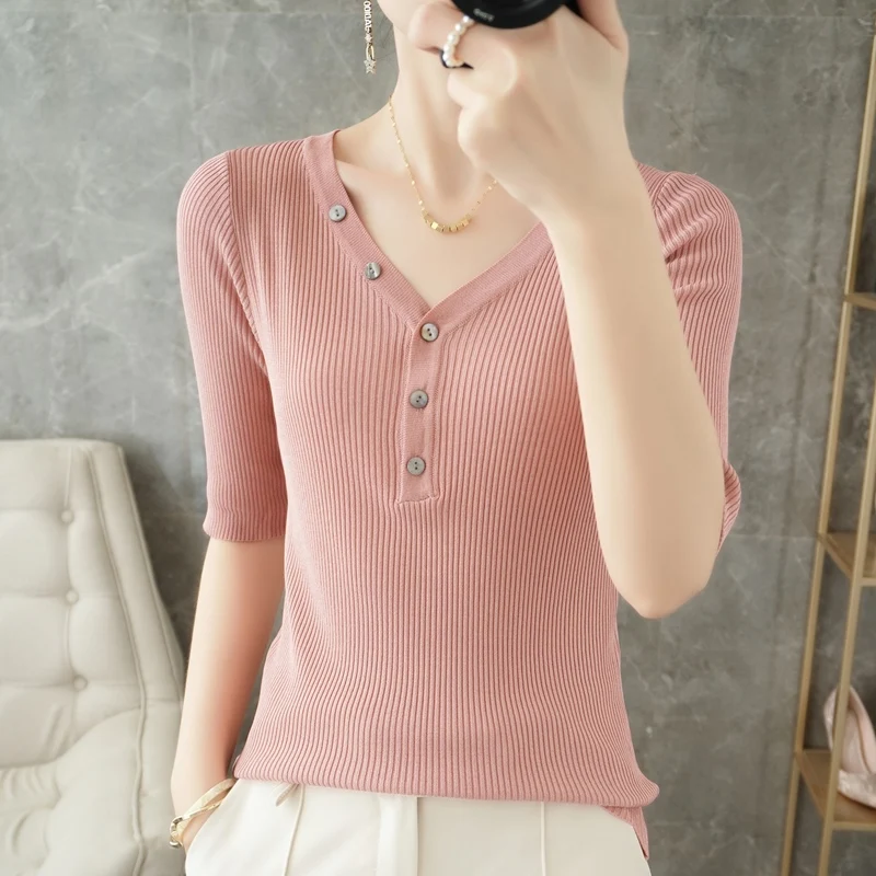 Women's Sweater Summer Short-Sleeved T-Shirt V-Neck 2022 New Button Outer Wear Thin Solid Color Knitted Bottoming Shirt Slim Fit
Women's Sweater Summer Short-Sleeved T-Shirt V-Neck 2022 New Button Outer Wear Thin Solid Color Knitted Bottoming Shirt Slim Fit
