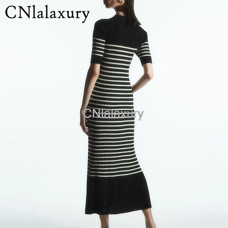 

CNlalaxury 2023 New Spring Summer Fashion Women Round Neck Short Sleeve Slim Knitted Striped Dress Simple Midi Dress Female Chic