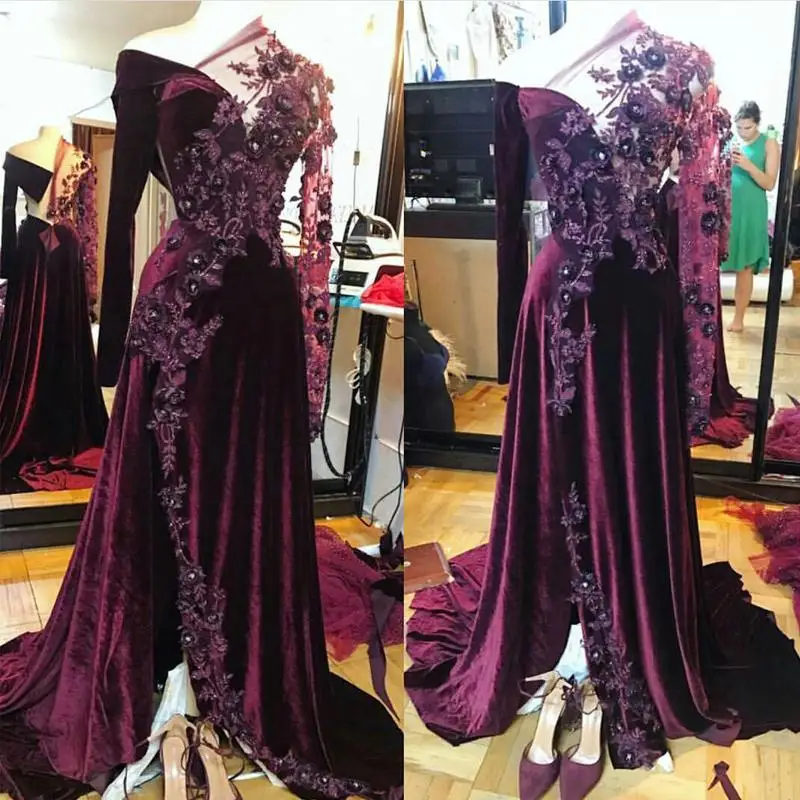 Grape Velvet Arabic Prom Dresses Long Sleeve Lace Floral Front Slit Kaftan Caftan Evening Gowns abiye elbisesi 2022
Grape Velvet Arabic Prom Dresses Long Sleeve Lace Floral Front Slit Kaftan Caftan Evening Gowns abiye elbisesi 2022