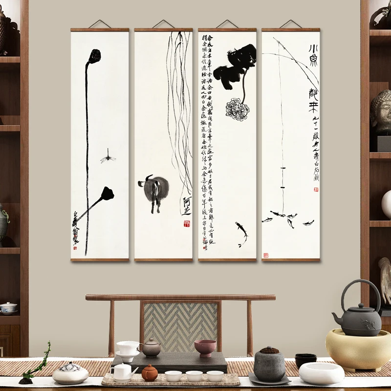 

Декоративные настенные постеры MT0017 в китайском стиле, лотос, рыбалка, пейзаж, холст, картины из твердой древесины, прокрутка