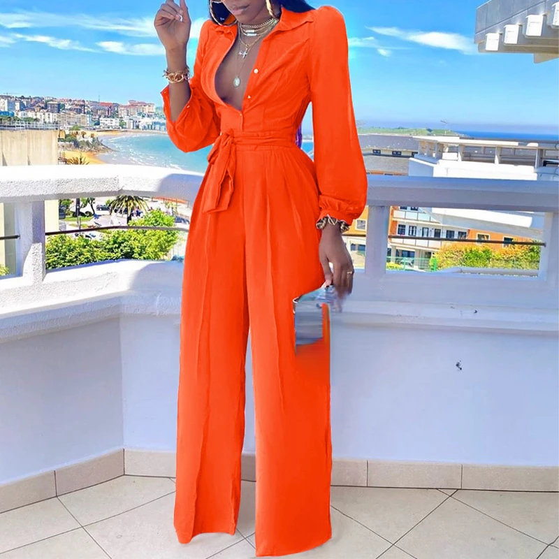 2022 Summer New Women's Long Sleeve Lapel Belt Wide Leg Jumpsuit Solid Color Regular Shirt Jumpsuit
2022 Summer New Women's Long Sleeve Lapel Belt Wide Leg Jumpsuit Solid Color Regular Shirt Jumpsuit