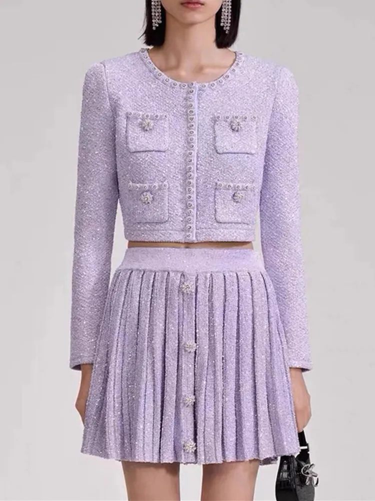 Purple Women O-Neck Single Breasted Short Sweater Coat or Elastic Waist Pleated Mini Skirt Pearl Sequin Decoration Knit Suit
Purple Women O-Neck Single Breasted Short Sweater Coat or Elastic Waist Pleated Mini Skirt Pearl Sequin Decoration Knit Suit