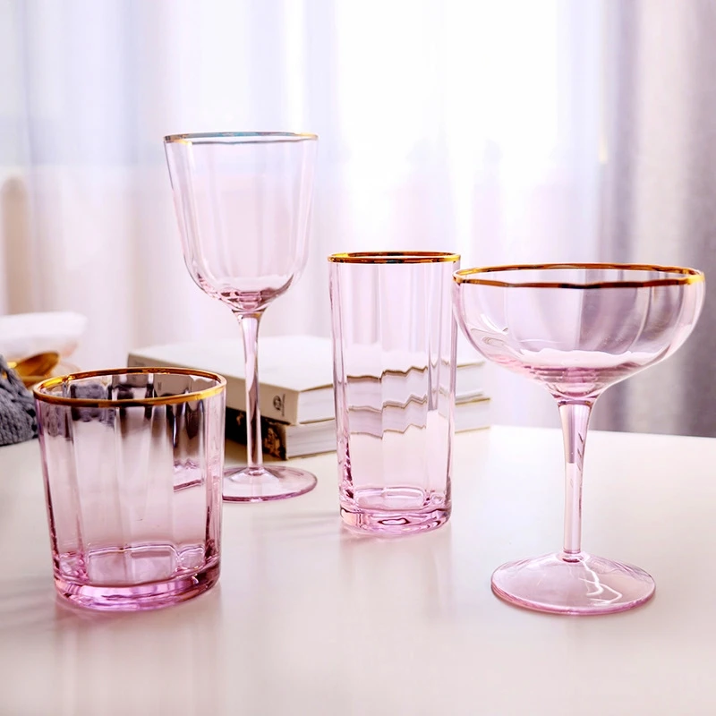 

New Golden Edge Ripple Champagne Wine Glass Pink Transparent Lead Free Cocktail Glasses Crystal Whiskey Juice Drinking Cup