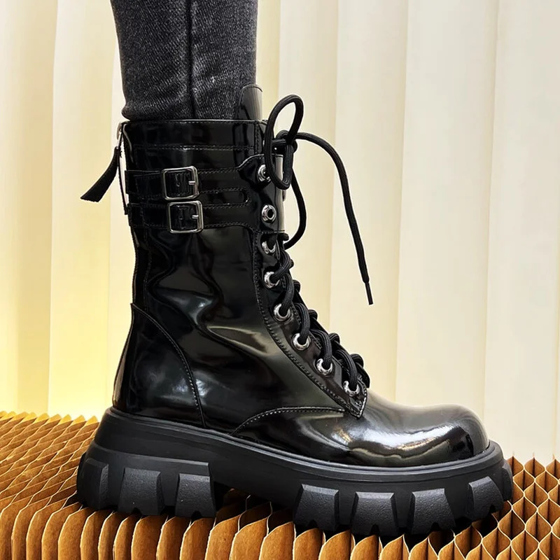 

Motorcycle Boots Women Cow Leather Ankle Boots Round Toe Buckle Zippers Solid Color Thick Heels Handmade Platform Shoes 1987