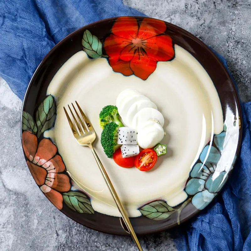 

11-дюймовая американская винтажная тарелка для стейка, большая креативная Цветочная обеденная сервировочная посуда, керамические тарелки д...