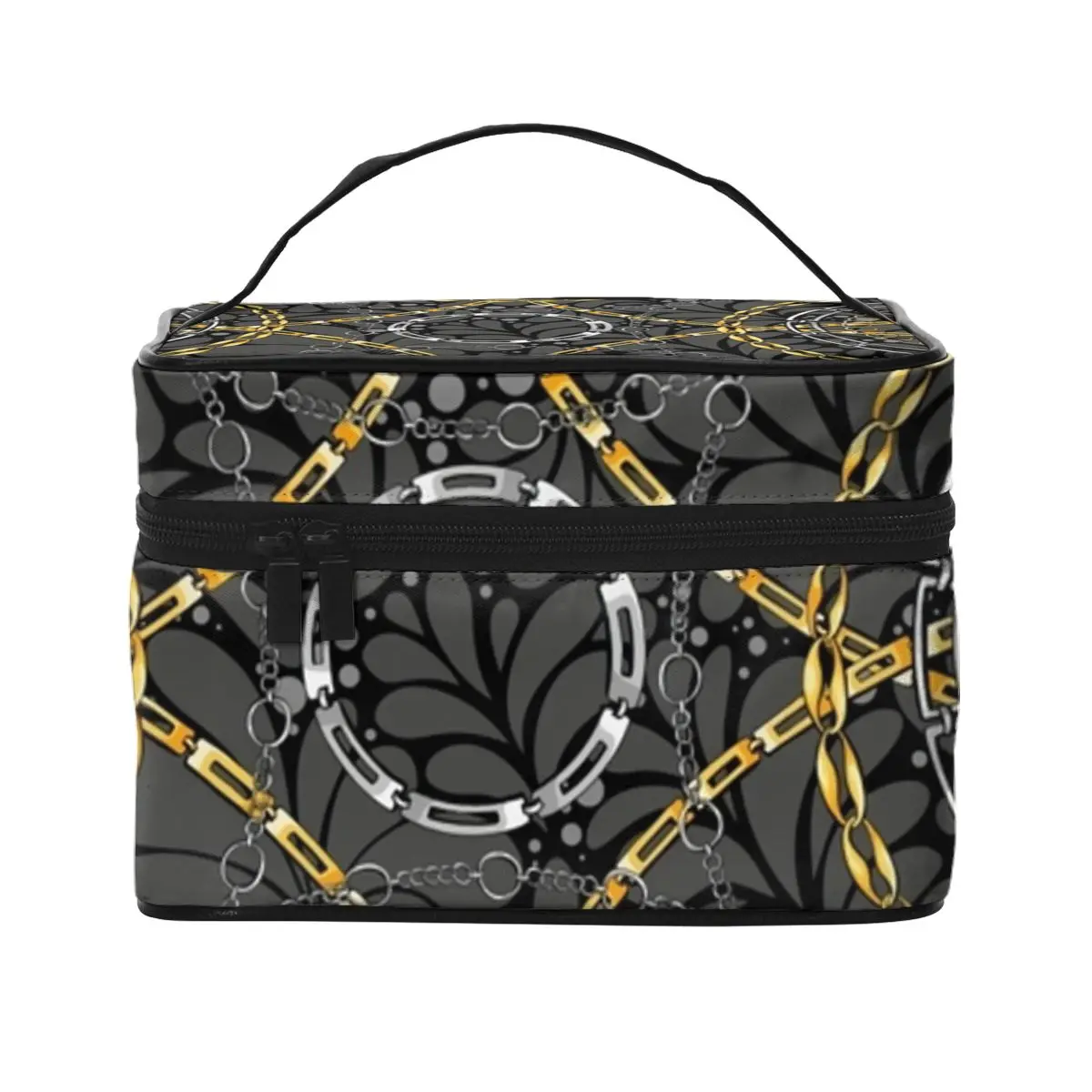 Golden And Silver Chains Cosmetic Bags Circle Print Organization Storage Organizers with Handle Traveling Woman's Makeup Pouch
Golden And Silver Chains Cosmetic Bags Circle Print Organization Storage Organizers with Handle Traveling Woman's Makeup Pouch