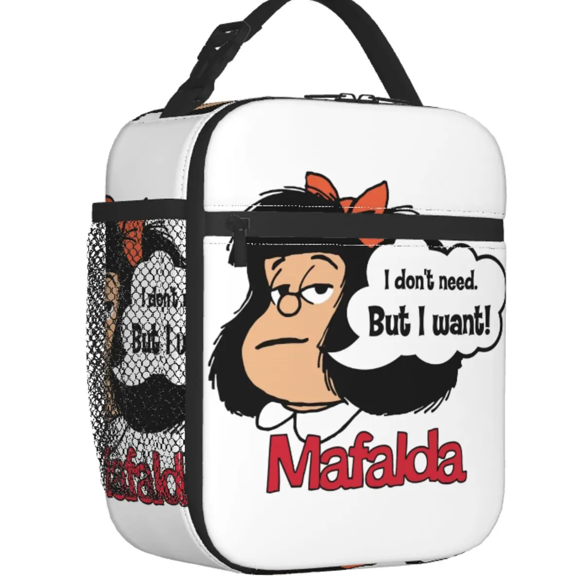 

Mafalda I Don't Need But I Want Insulated Lunch Bag Portable Quino Comic Cartoon Thermal Cooler Lunch Tote Office Picnic Travel