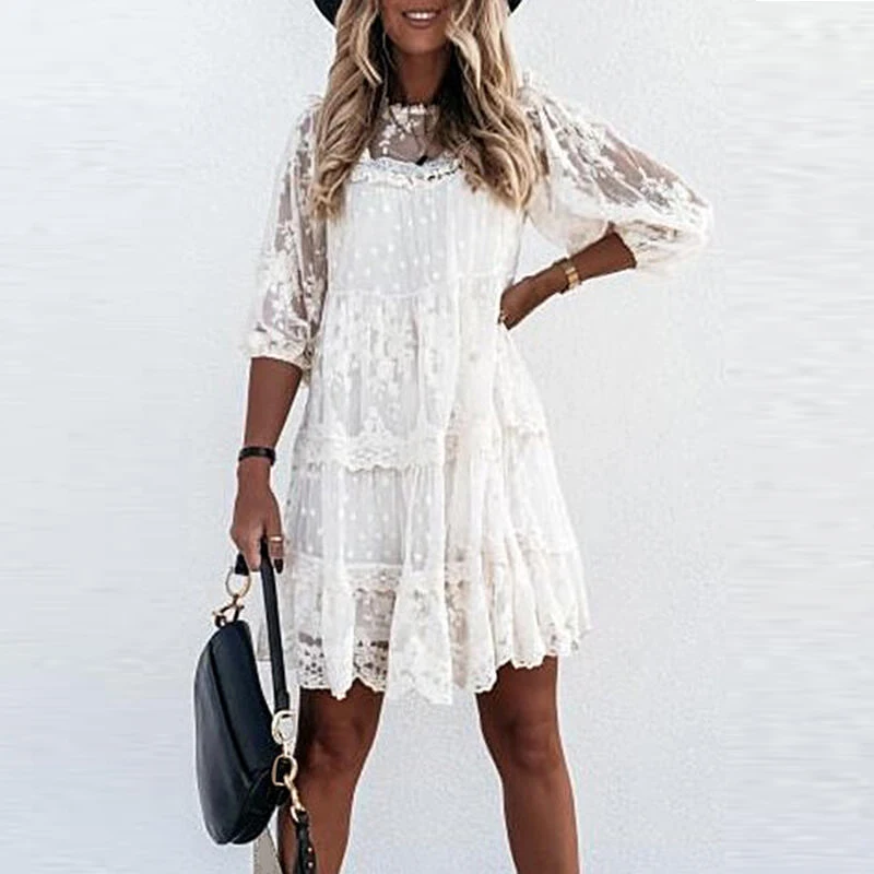 Elegant Party Solid 3/4 Sleeve Ruffle Mini Dresses Women O Neck Loose Beach Vestidos Fashion Summer Embroidery Lace Mesh Dress
Elegant Party Solid 3/4 Sleeve Ruffle Mini Dresses Women O Neck Loose Beach Vestidos Fashion Summer Embroidery Lace Mesh Dress