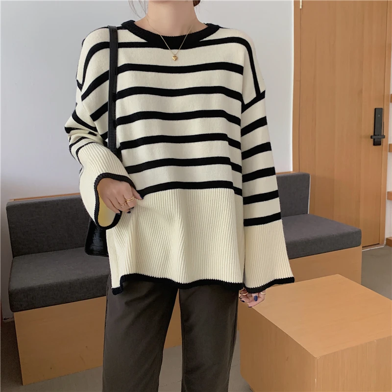 Spring New Casual Women Sweater Vintage Wool Striped Pullover Fashion Split Knitt Blouse Jumper Baggy Pull Femme Jersey Jumper
Spring New Casual Women Sweater Vintage Wool Striped Pullover Fashion Split Knitt Blouse Jumper Baggy Pull Femme Jersey Jumper