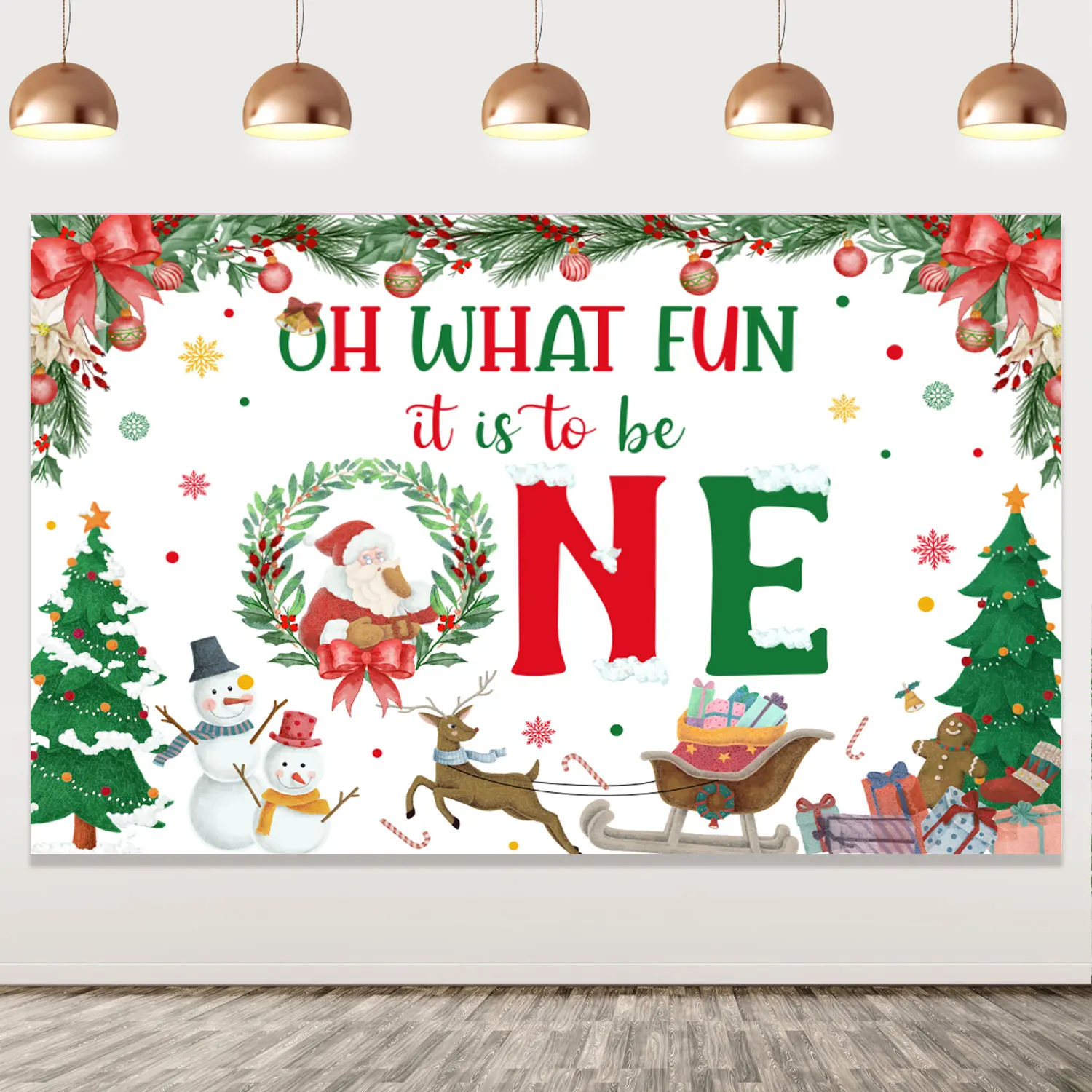 

Christmas Oh What Fun It Is To Be One Backdrop Santa Claus Deer Snowman Christmas Tree Kids 1st Birthday Party Decoration