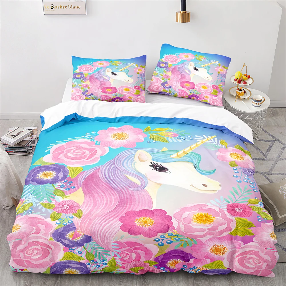 

Cute Couple of Pony Duvet Cover Set 3D Pony Horse Polyester Quilt Cover with Pillow Shams for Kids Adults Bedding Set Unicorn