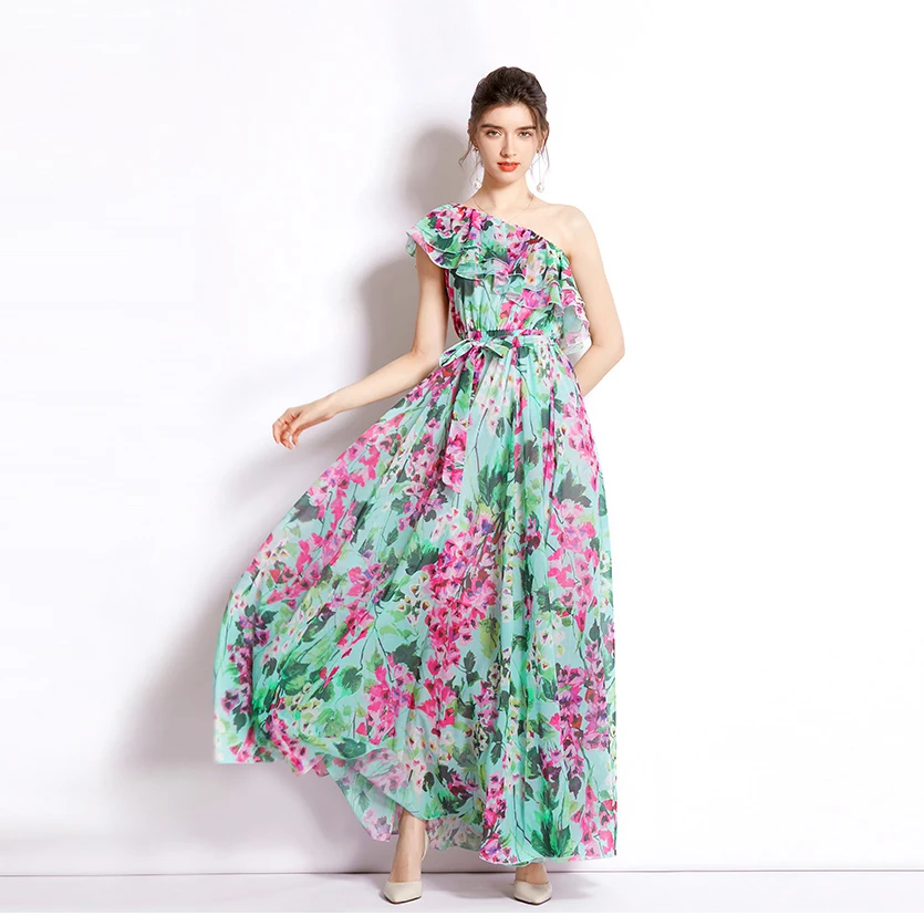 Elegant Summer Flower Print Ruffles Holiday Beach Long Dress Boho Women's Sleeveless Chiffon One Shoulder Lace Up Robe Vestidos
Elegant Summer Flower Print Ruffles Holiday Beach Long Dress Boho Women's Sleeveless Chiffon One Shoulder Lace Up Robe Vestidos