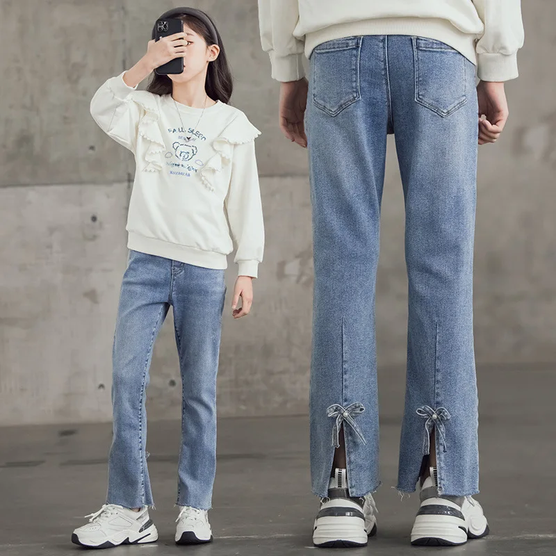 

Girls Jeans Spring 2023 New Style Girl Bow Bell Bottom Pants Teenage Elastic Waits Stretch Denim Trousers Solid Color Slack Pant