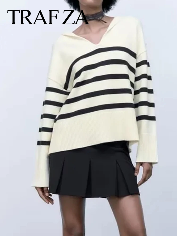 TRAF ZA Casual Knitted Sweater Lapel V-neck Loose And Comfortable Striped Fashion Skin-friendly High-end Elegant Top Women
TRAF ZA Casual Knitted Sweater Lapel V-neck Loose And Comfortable Striped Fashion Skin-friendly High-end Elegant Top Women