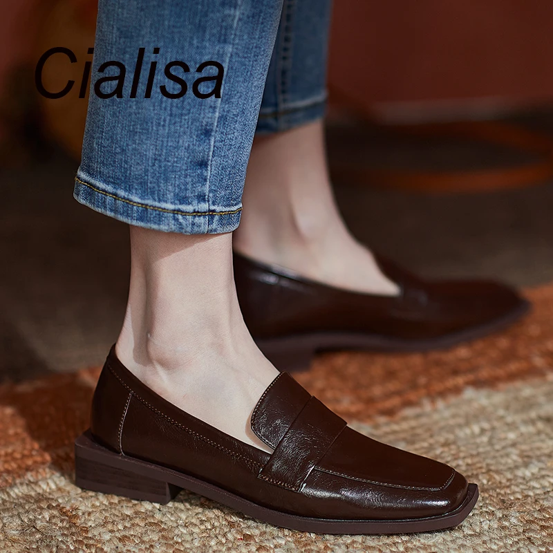 Женские туфли из натуральной кожи Cialisa, коричневые повседневные туфли с квадратным носком, большие размеры до 40, осень 2022