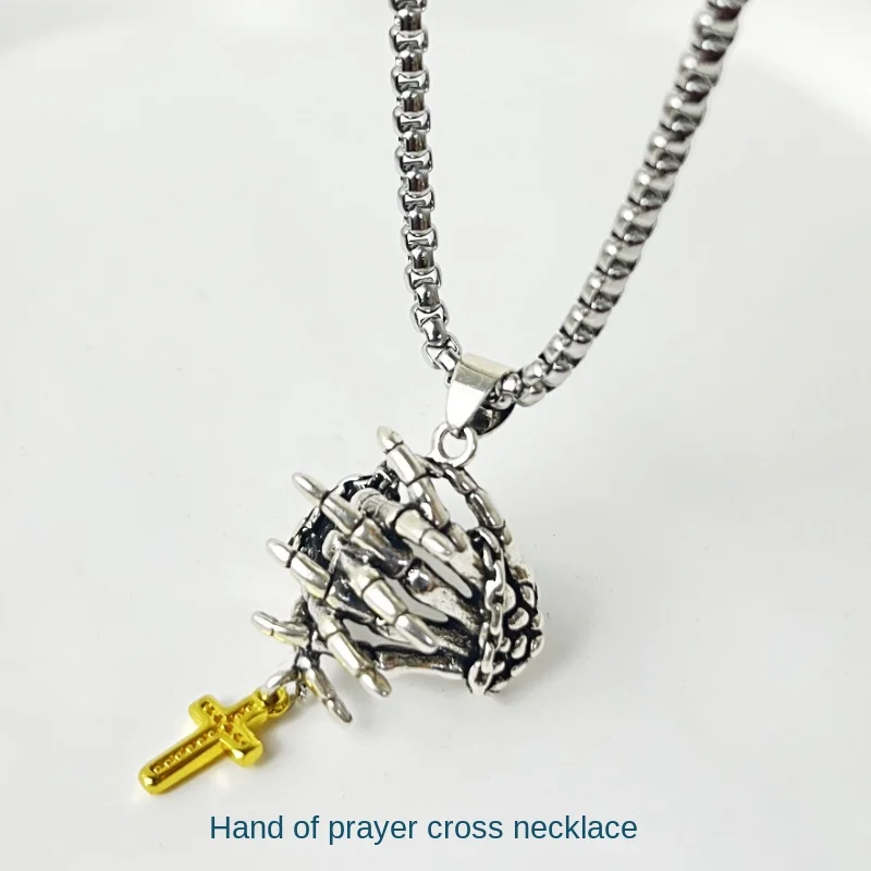 

Retro Prayer Hand Bone Skeleton Cross Necklace Men and Women Gift Fashion Hip Hop Pendant Sweater Chain Punk Jewelry Accessories