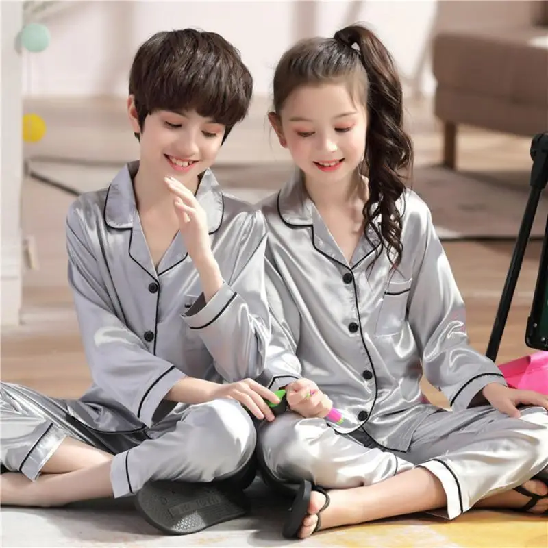 

Boys Girl Silk Satin Pajamas Set Baby Kids Long Sleeve Sleepwear Nightwear Pairs