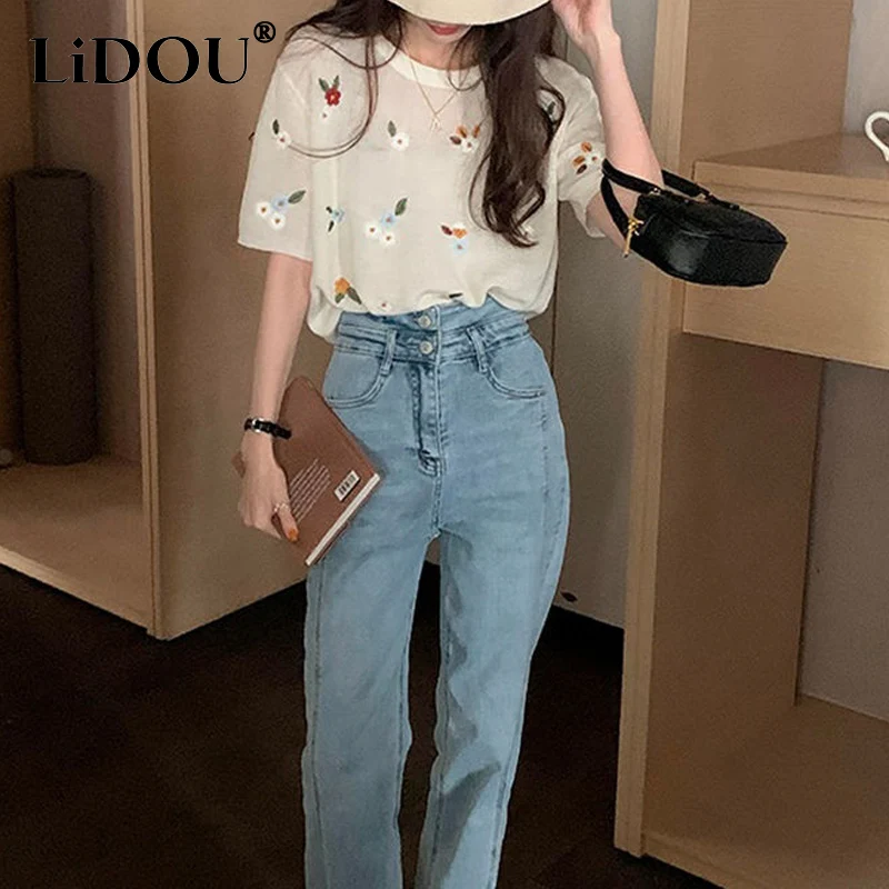 Summer New Round Neck Short Sleeve T-shirt Women Sweet Floral Embroidered Pullovers Japanese Style Temperament Knitting Tees
Summer New Round Neck Short Sleeve T-shirt Women Sweet Floral Embroidered Pullovers Japanese Style Temperament Knitting Tees
