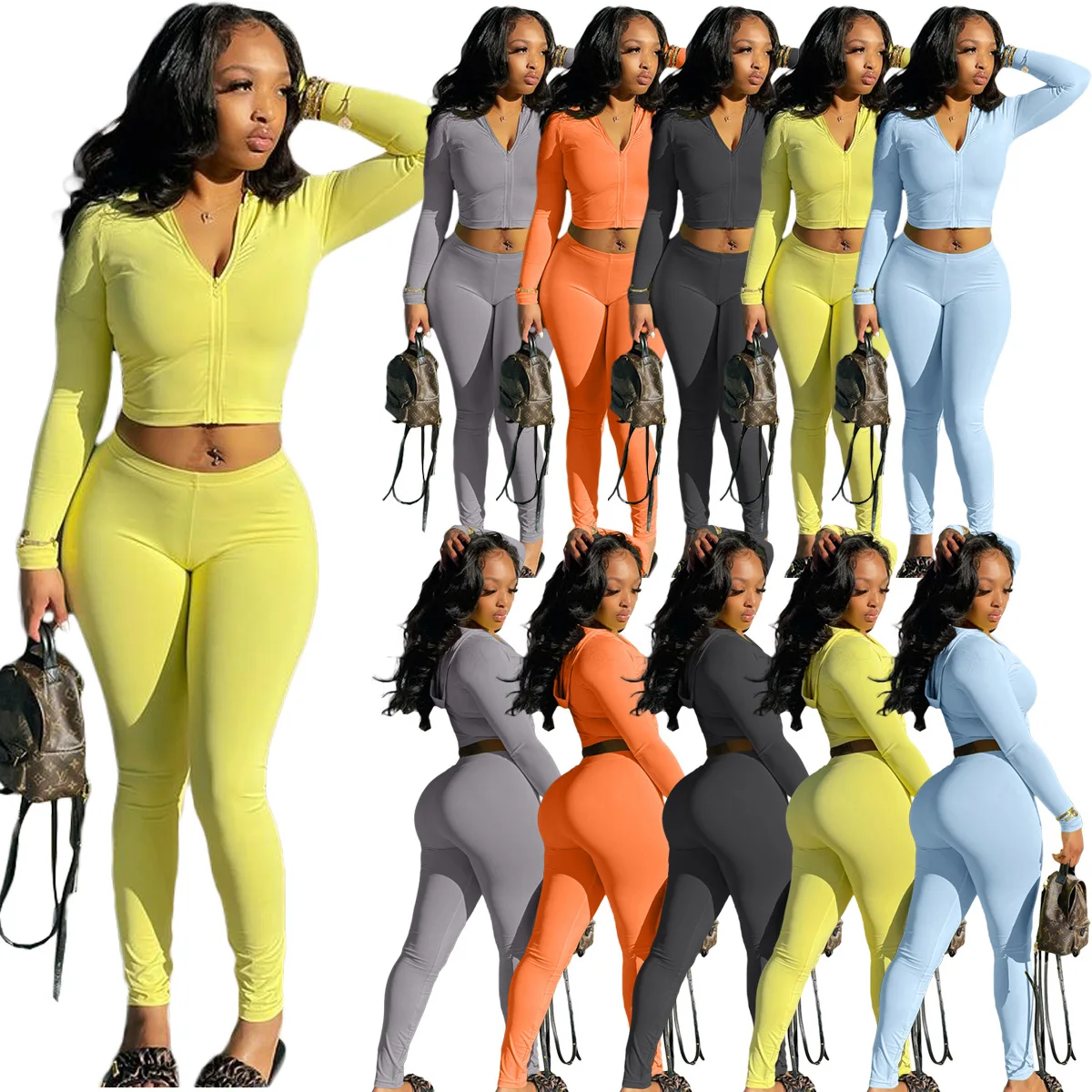 Spring 2022 New Women Outfits Casual High Stretch Two Piece Set Solid Color Sexy Zipper Top an pants Skinny sweatsuits Set Women
Spring 2022 New Women Outfits Casual High Stretch Two Piece Set Solid Color Sexy Zipper Top an pants Skinny sweatsuits Set Women