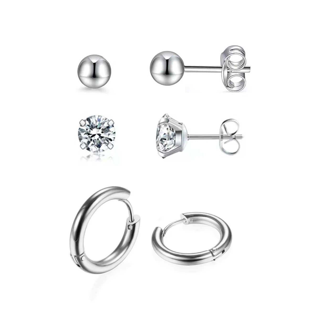 

3 Pairs Stainless Steel Small Tiny Ball Stud CZ Dainty Endless Huggie Hoops Earrings Piercing Jewelry Set for Men Women
