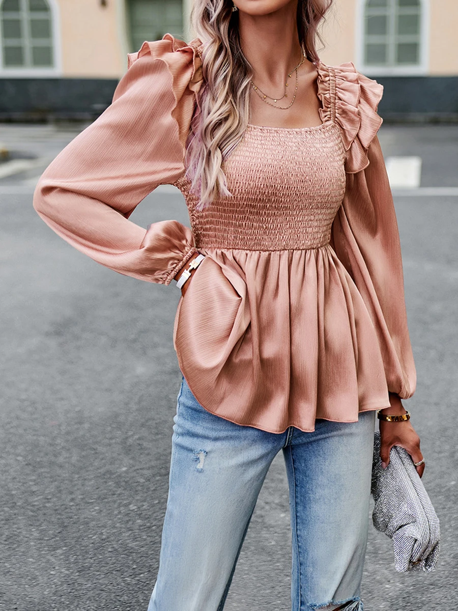 

Women s UK Casual Long Sleeve Square Neck Smocked Ruffle Hem Slim Babydoll Blouse Shirt Tunics Tops with Floral Embroidery