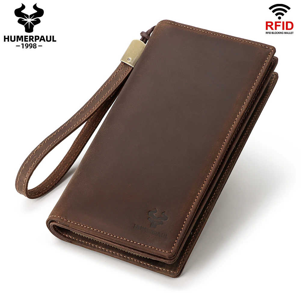 HUMERPAUL Men Wallets Genuine Leather Male Long Multi-slots Clutch Bag RFID Anti-scan Card Holder Large Capacity Storage Bags |