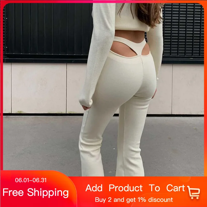 2022 High Waist Cut Out Back Sexy Winter Ribbed Knit Flare Pants Streetwear Women Wide Hem White Skinny Slim Trousers 
2022 High Waist Cut Out Back Sexy Winter Ribbed Knit Flare Pants Streetwear Women Wide Hem White Skinny Slim Trousers