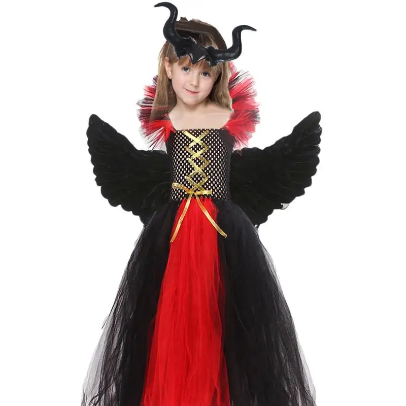 

Girl Evil Dark Fairy Witch Tutu Dress With Horns And Wings Sparkly Kids Halloween Cosplay Party Costume Fancy Evil Devil Dress