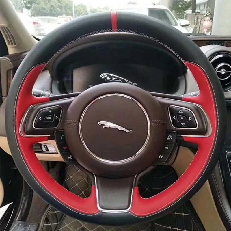 

Hand-Sewn Black Red Leather Car Steering Wheel Cover For Jaguar XFL F-TYPE F-PACE XE XF XJL E-PACE Car Interior Accessories