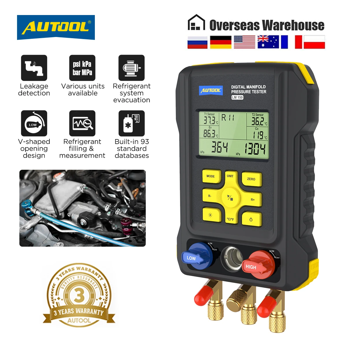 AUTOOL LM150 Digital Manifold Gauge for Refrigerant filling and pressure inspection HVAC Vacuum Leak&Temperature Test
AUTOOL LM150 Digital Manifold Gauge for Refrigerant filling and pressure inspection HVAC Vacuum Leak&Temperature Test