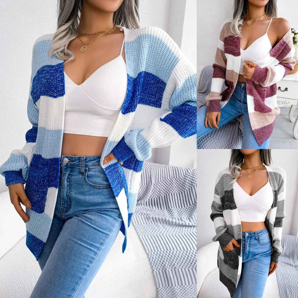 Autumn and Winter Contrast Stripe Lantern Sleeves Casual Cardigan Sweater Coat knitted cardigan sweaters for women
Autumn and Winter Contrast Stripe Lantern Sleeves Casual Cardigan Sweater Coat knitted cardigan sweaters for women