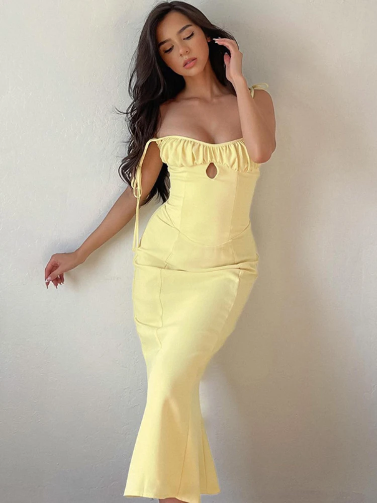Bodycon Yellow Midi Dress Spaghetti Strap Pleated Bandage Summer Dress Hollow Out Elegant Party Evening Porm Dresses for Women
Bodycon Yellow Midi Dress Spaghetti Strap Pleated Bandage Summer Dress Hollow Out Elegant Party Evening Porm Dresses for Women